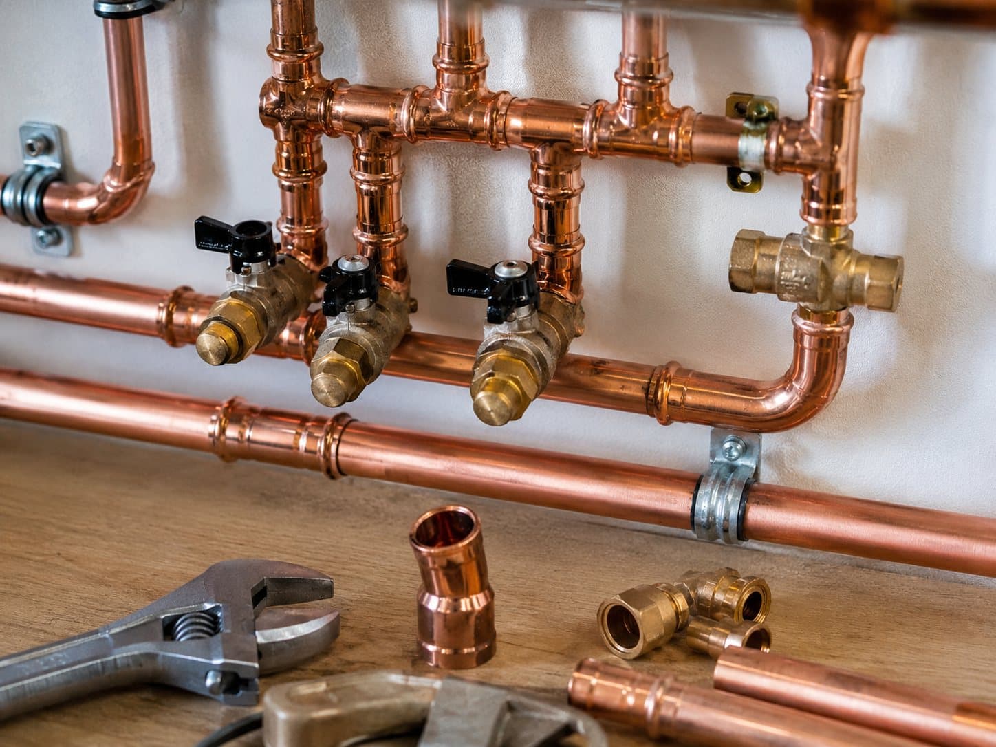 Freshly installed copper pipework with brass shutoff valves and hand tools
