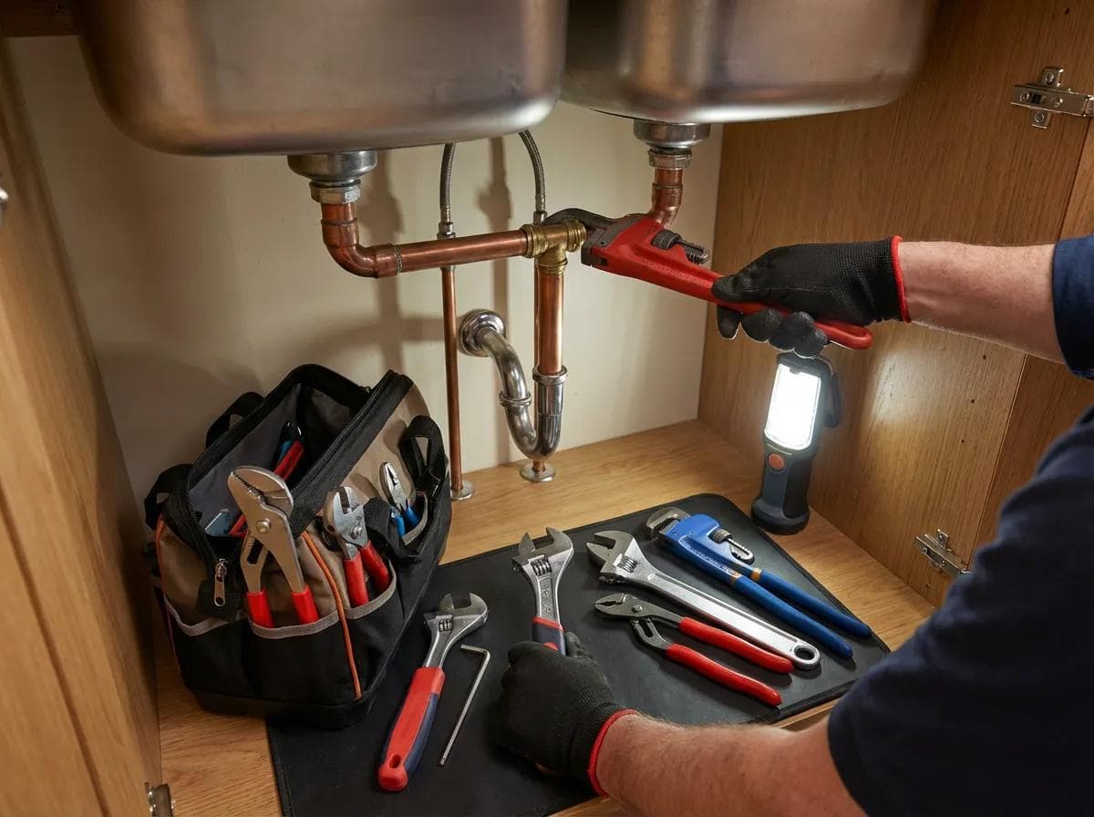Plumber in work gloves fitting a threaded pipe connection to a radiator